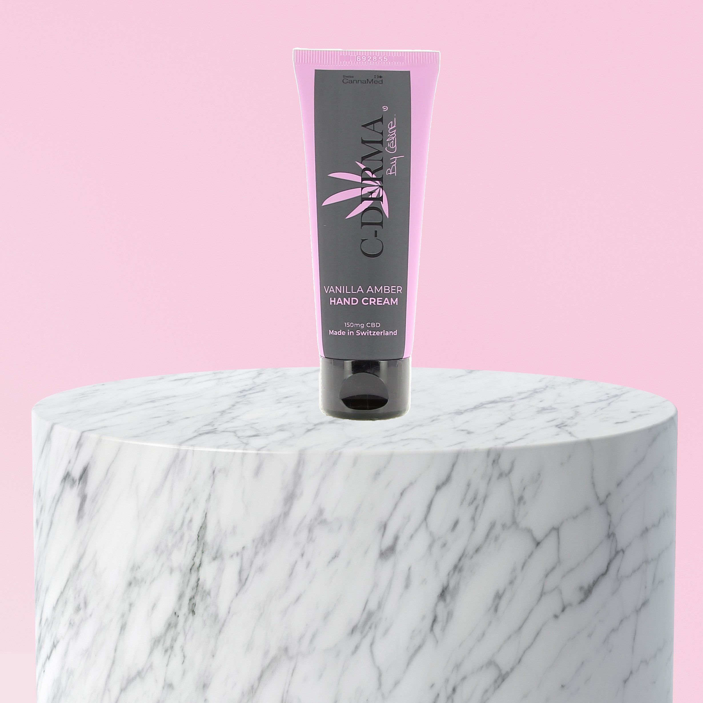 Product display. Empty white marble podium on pastel pink color background. 3d rendering.