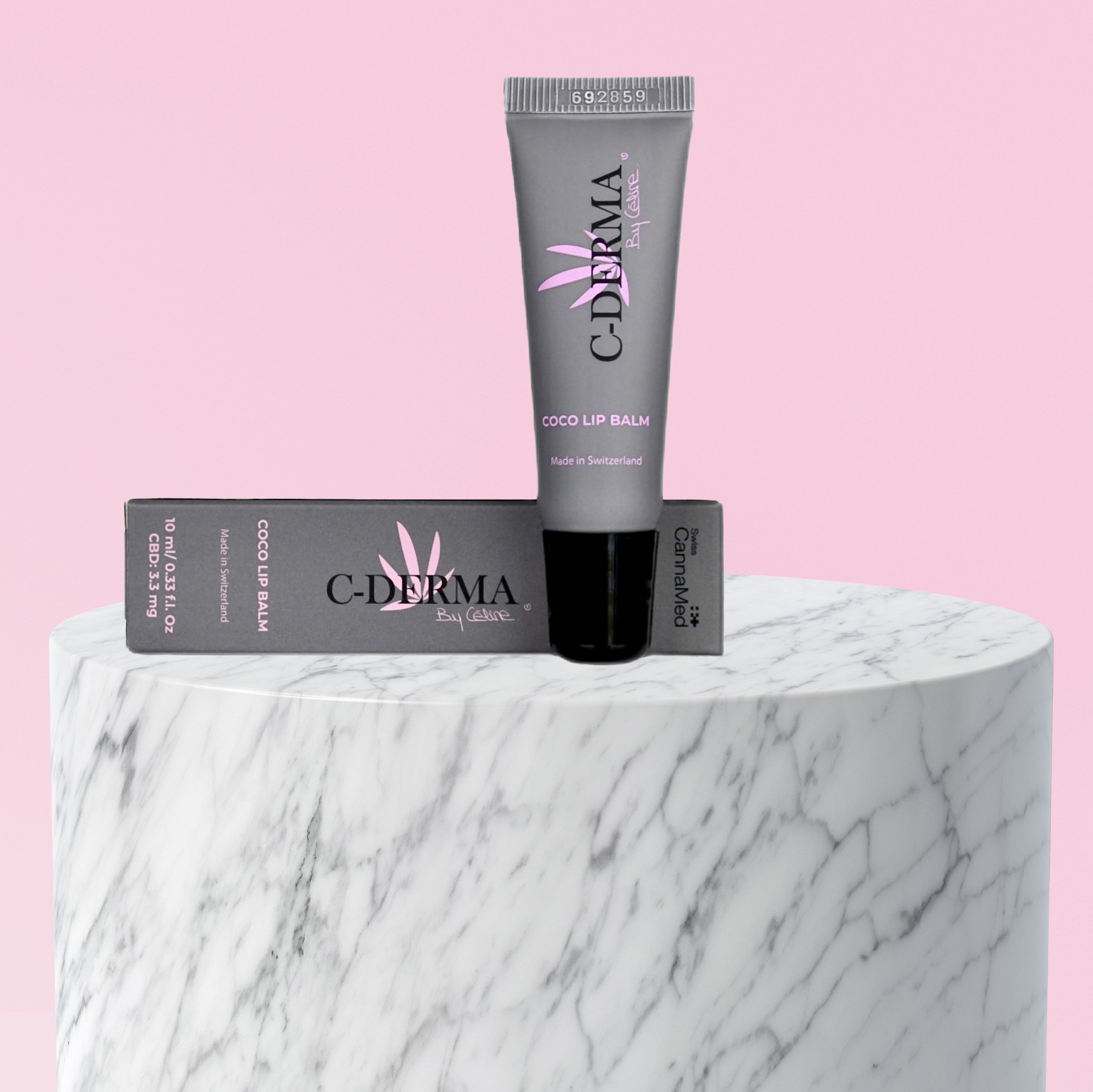 Product display. Empty white marble podium on pastel pink color background. 3d rendering.